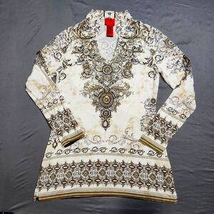 V Cristina Embellished Tunic Top  Womens Sz. M Rhinestones Beaded EUC Long Shirt